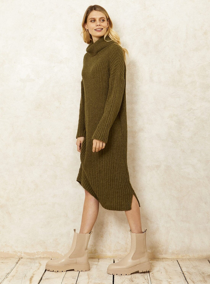 Joey Roll Neck Midi Dress in Khaki Knitwear YBDFinds