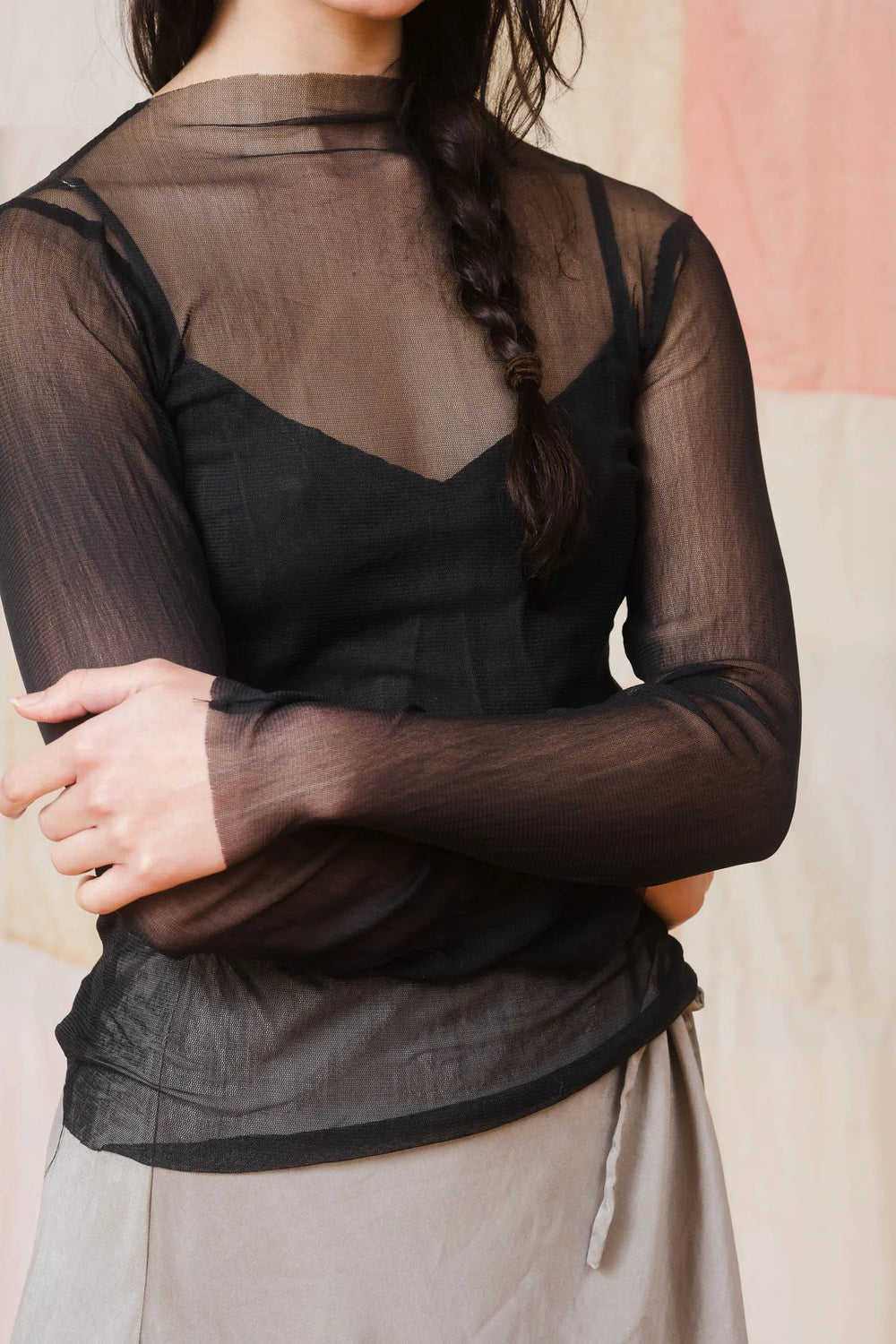 Slash Neck Long Sleeve Silk Tulle Tops Sula