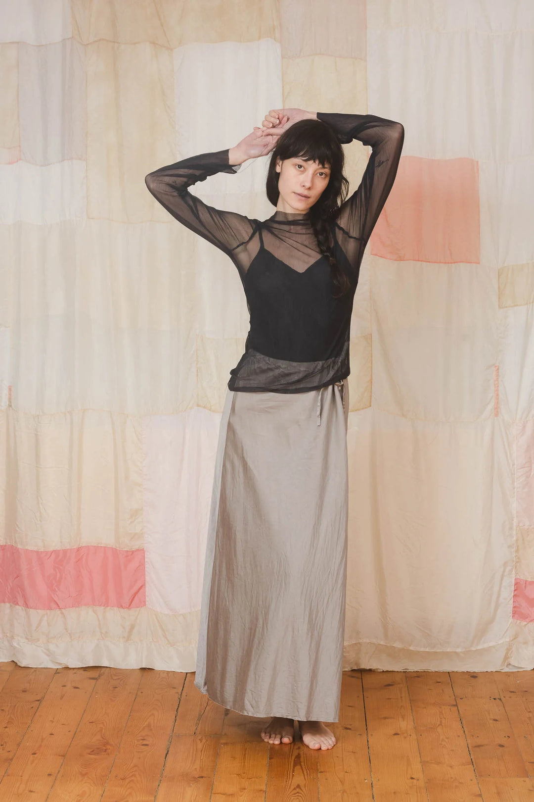 Slash Neck Long Sleeve Silk Tulle Tops Sula