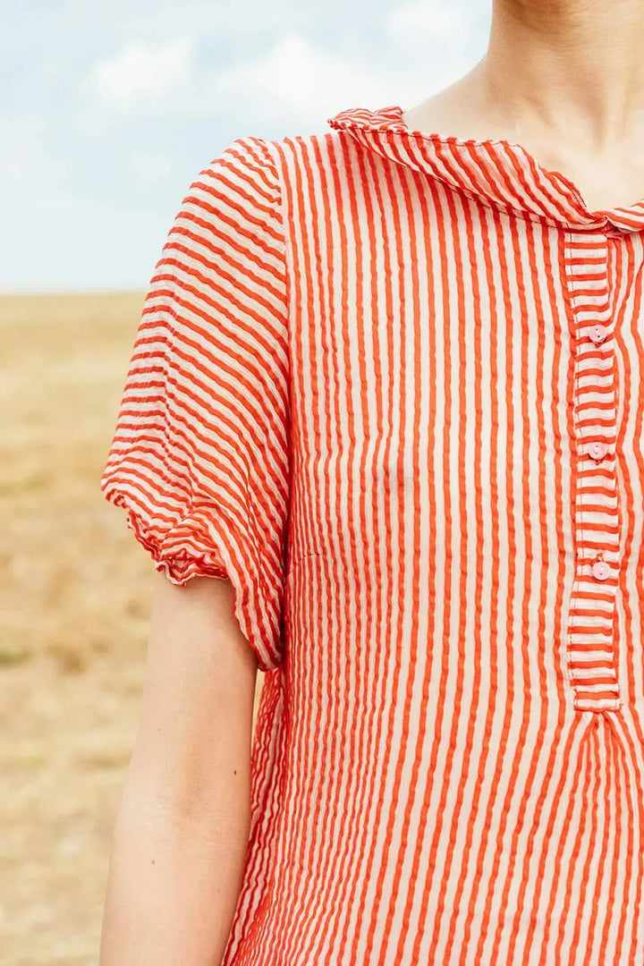 Close up detail of chest and shoulder of Sweet Blouse Stripe