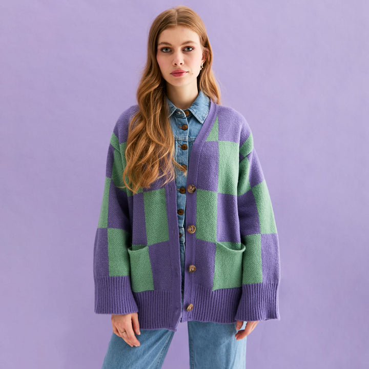 Candice Checked Cardigan in Purple & Green