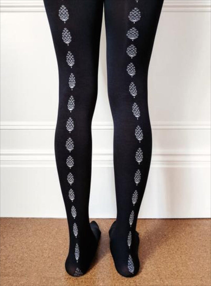 Black Pine Cones Hand-Printed Tights Bottoms YBDFinds 