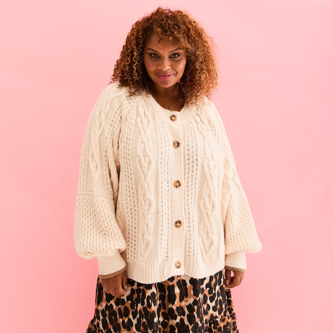 Brigit Heart Stitch Balloon Sleeve Cardigan - Off White - Cara & The Sky