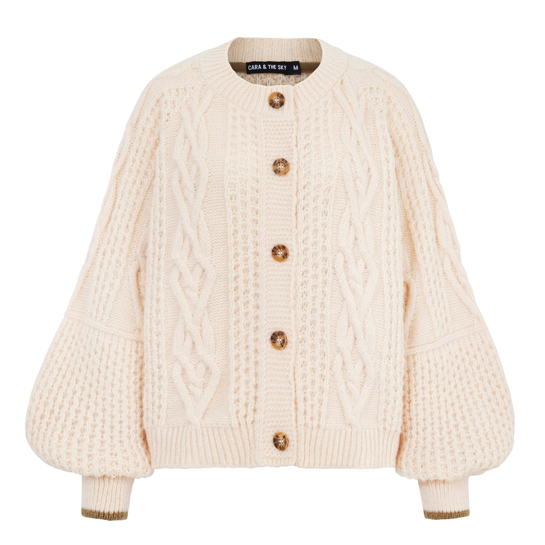 Brigit Heart Stitch Balloon Sleeve Cardigan - Off White - Cara & The Sky