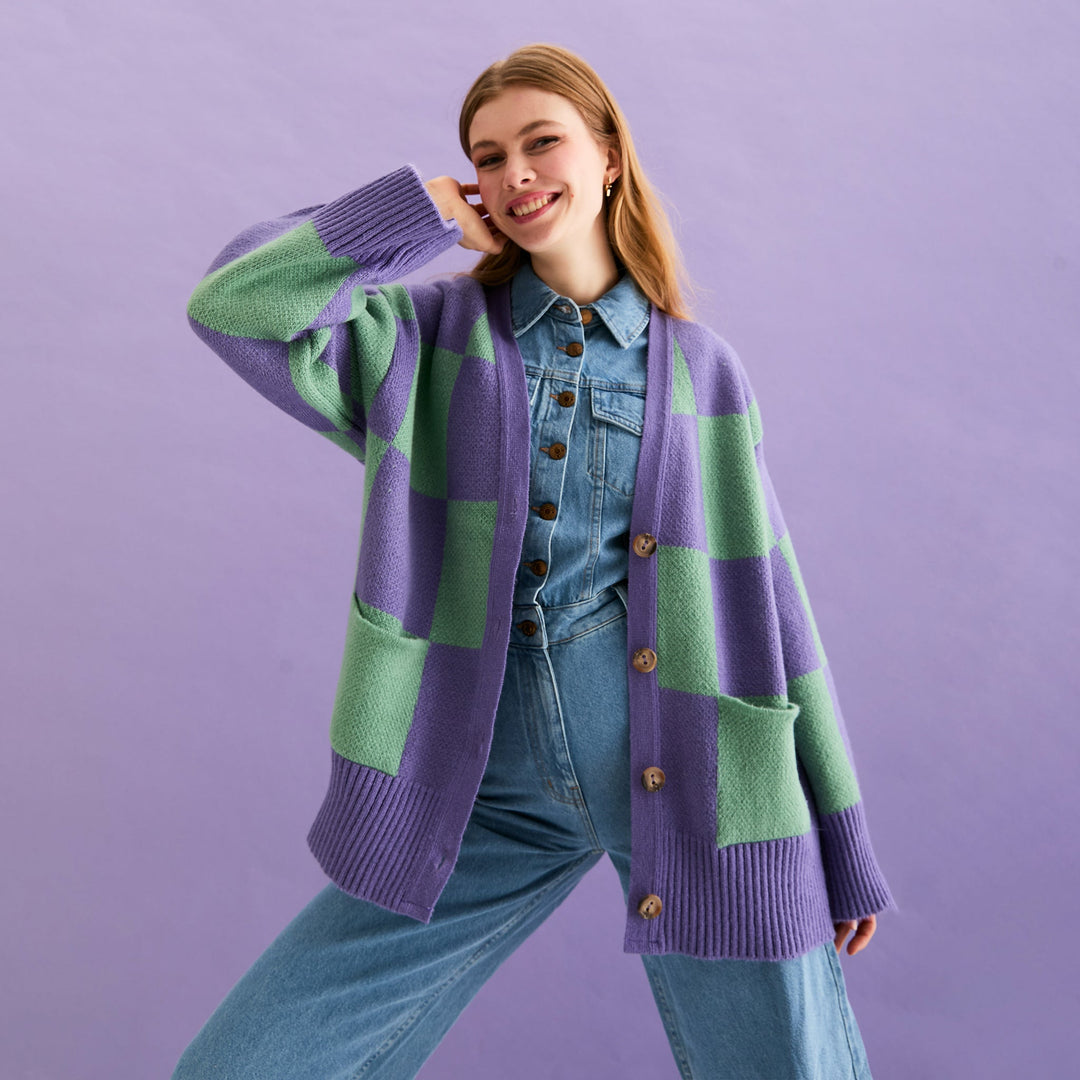 Candice Checked Cardigan with Wide Sleeves - Purple & Green - Cara & The Sky