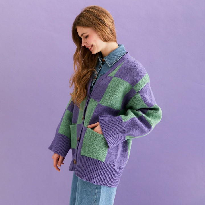 Candice Checked Cardigan with Wide Sleeves - Purple & Green - Cara & The Sky