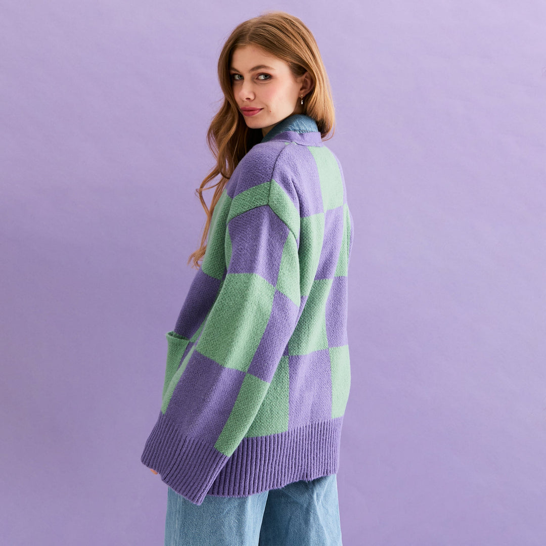 Candice Checked Cardigan with Wide Sleeves - Purple & Green - Cara & The Sky