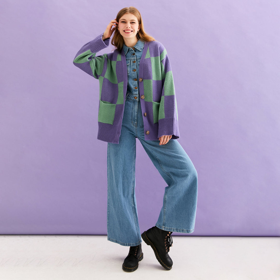 Candice Checked Cardigan with Wide Sleeves - Purple & Green - Cara & The Sky