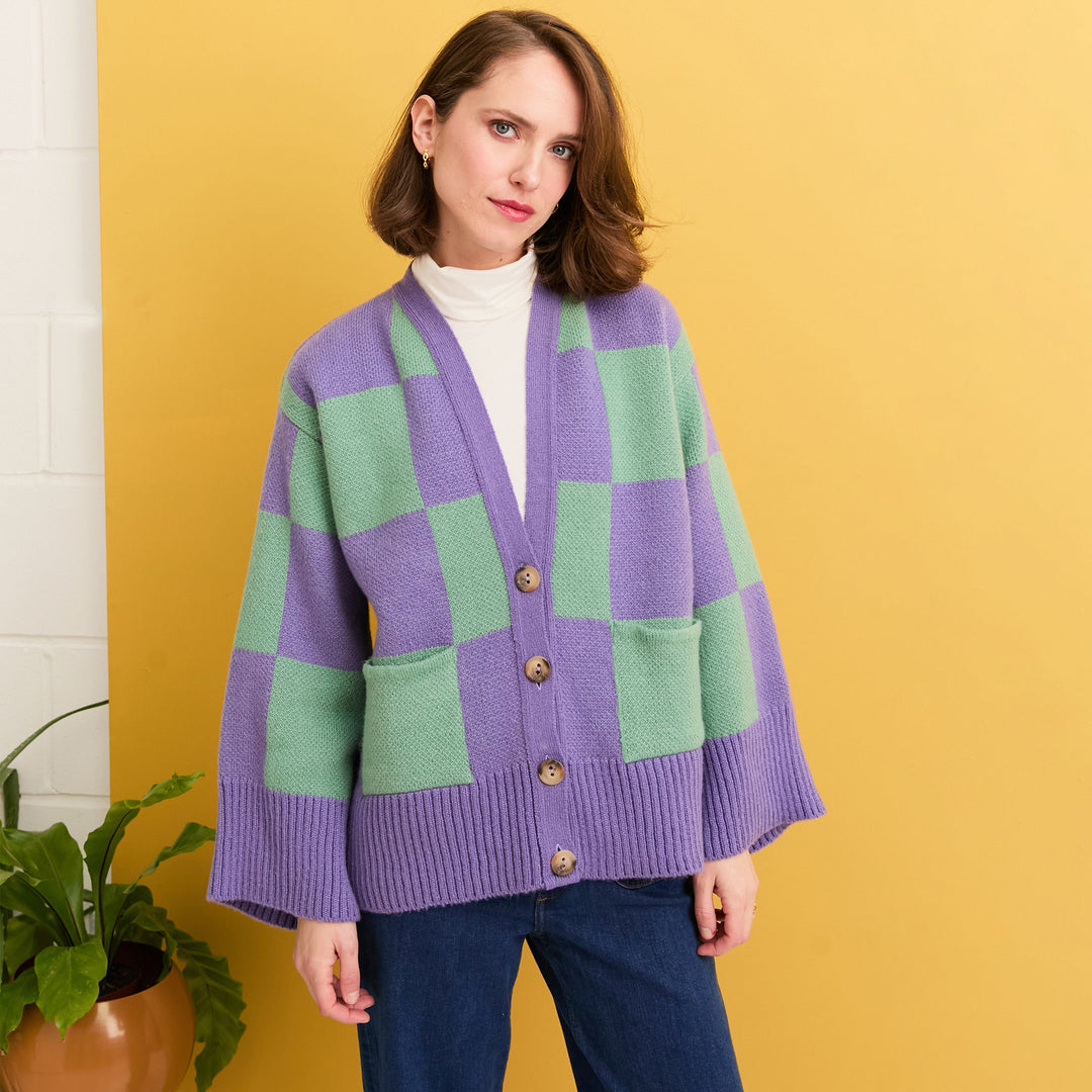 Candice Checked Cardigan with Wide Sleeves - Purple & Green - Cara & The Sky