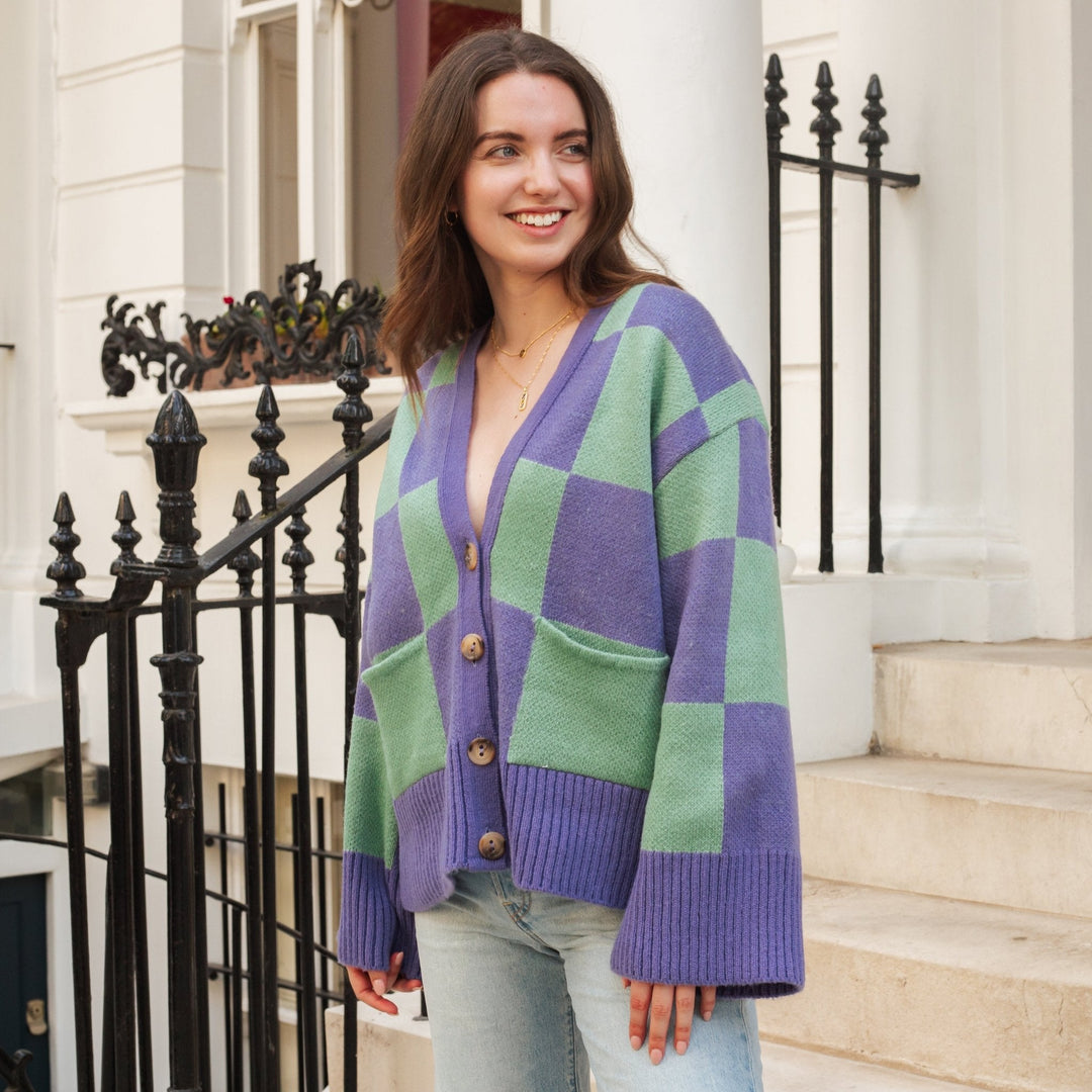 Candice Checked Cardigan with Wide Sleeves - Purple & Green - Cara & The Sky