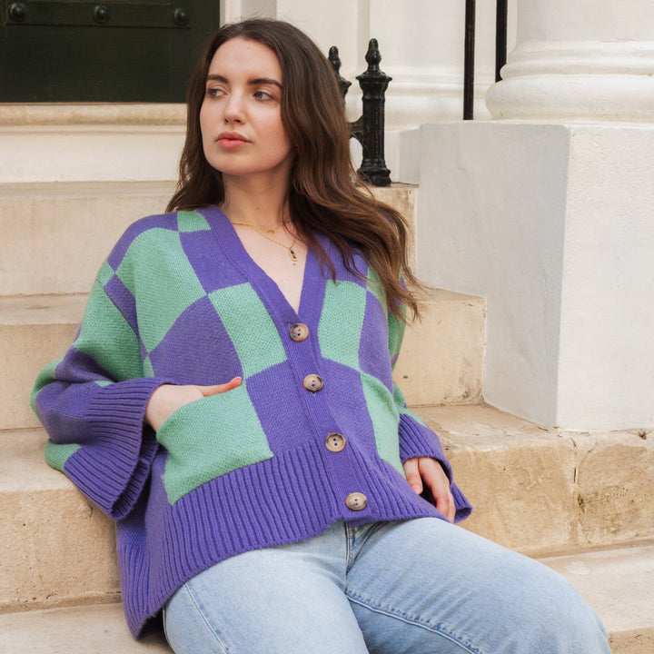 Candice Checked Cardigan with Wide Sleeves - Purple & Green - Cara & The Sky