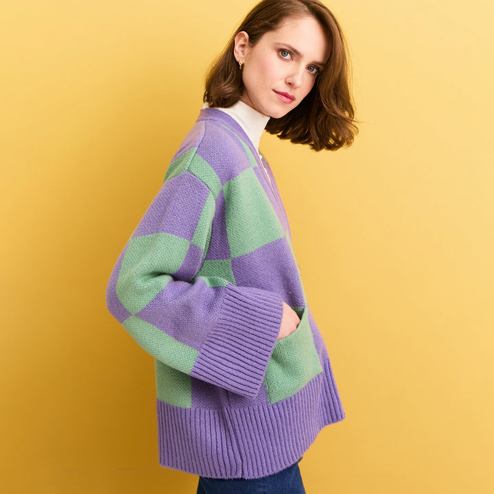 Candice Checked Cardigan with Wide Sleeves - Purple & Green - Cara & The Sky