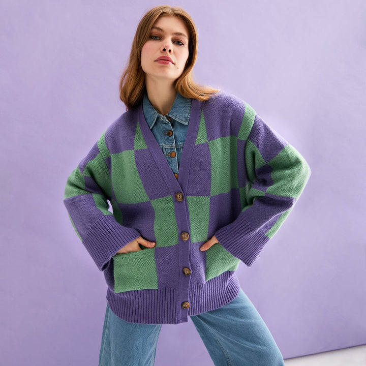 Candice Checked Cardigan with Wide Sleeves - Purple & Green - Cara & The Sky