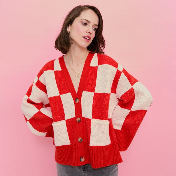 Candice Checked Wide Sleeve Cardigan - Red & White - Cara & The Sky