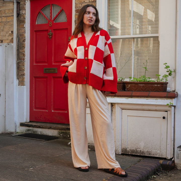 Candice Checked Wide Sleeve Cardigan - Red & White - Cara & The Sky