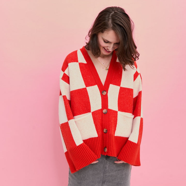 Candice Checked Wide Sleeve Cardigan - Red & White - Cara & The Sky