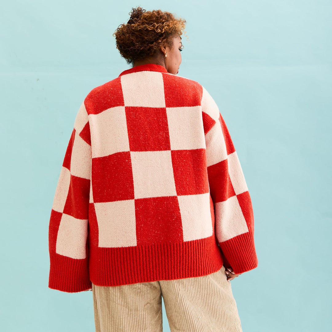 Candice Checked Wide Sleeve Cardigan - Red & White - Cara & The Sky