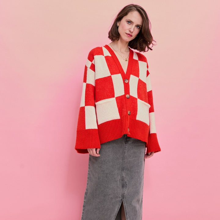 Candice Checked Wide Sleeve Cardigan - Red & White - Cara & The Sky