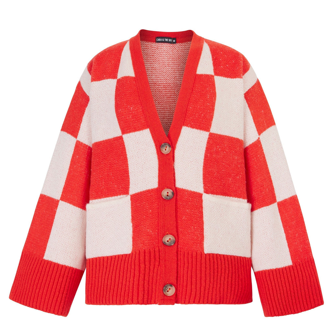 Candice Checked Wide Sleeve Cardigan - Red & White - Cara & The Sky