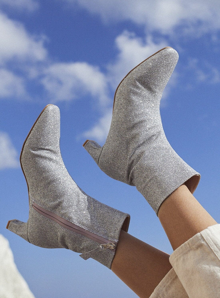 Flaunt Ankle Boot in Silver Glitter Shoes YBDFinds 