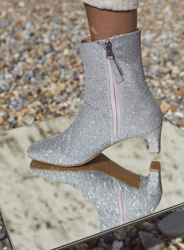 Flaunt Ankle Boot in Silver Glitter Shoes YBDFinds 