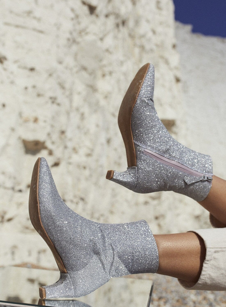 Flaunt Ankle Boot in Silver Glitter Shoes YBDFinds 