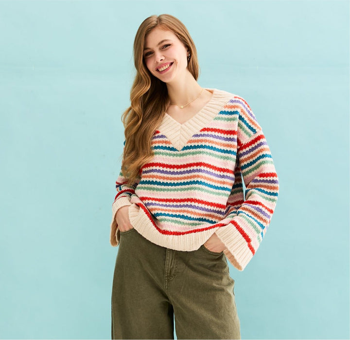 Jasmine Wide Sleeve V Neck Striped Jumper - Off White - Cara & The Sky