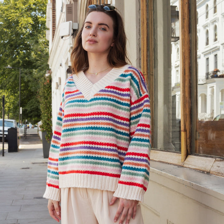 Jasmine Wide Sleeve V Neck Striped Jumper - Off White - Cara & The Sky