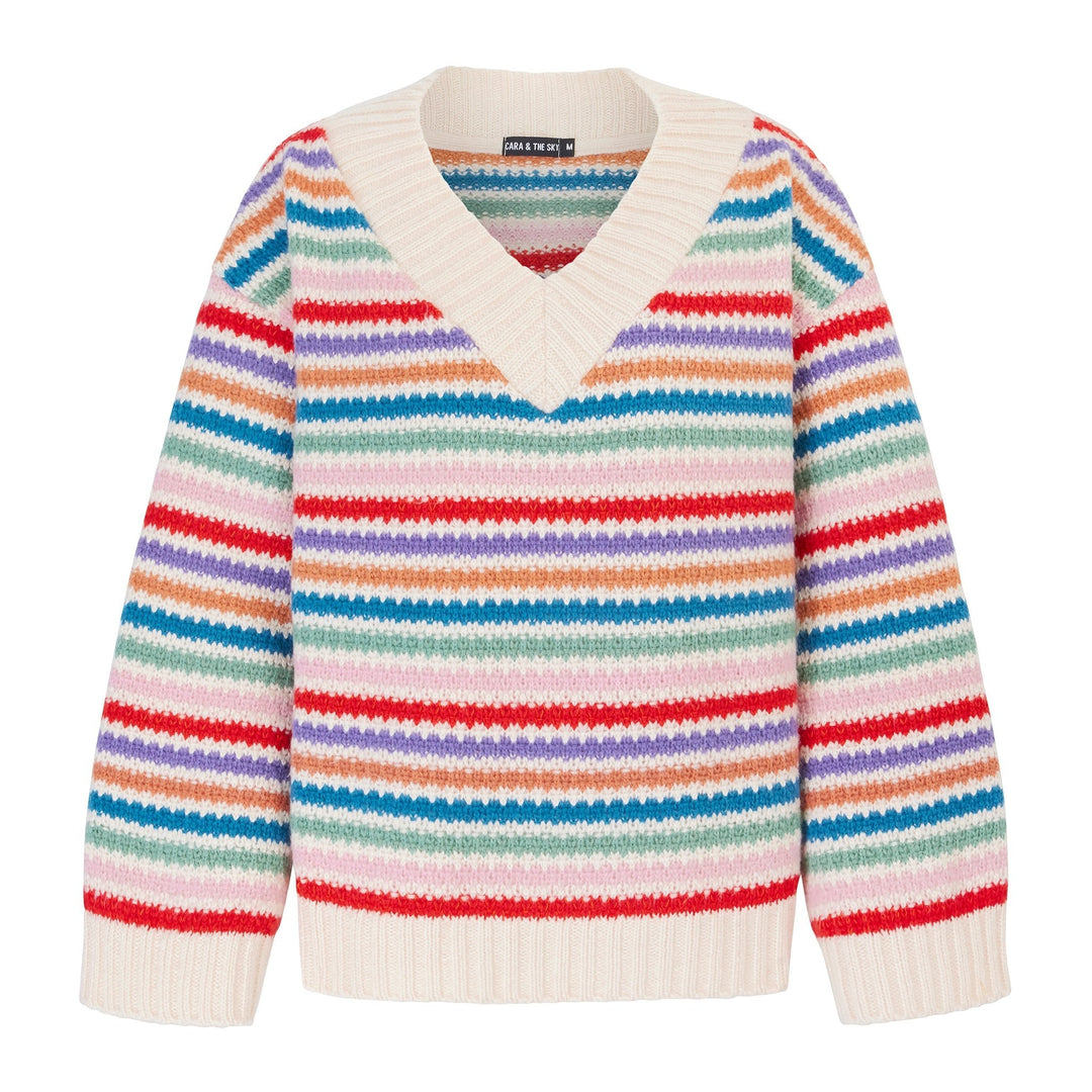 Jasmine Wide Sleeve V Neck Striped Jumper - Off White - Cara & The Sky