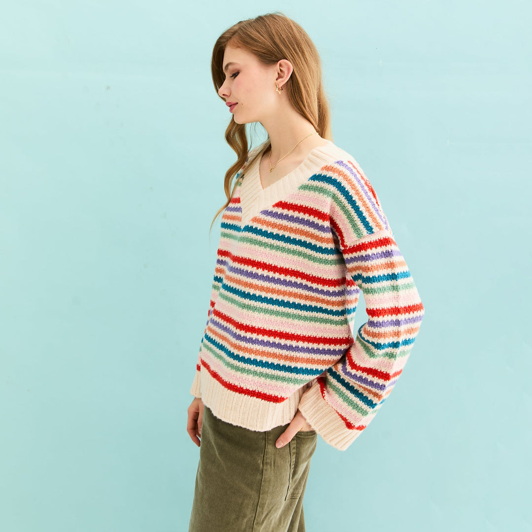 Jasmine Wide Sleeve V Neck Striped Jumper - Off White - Cara & The Sky