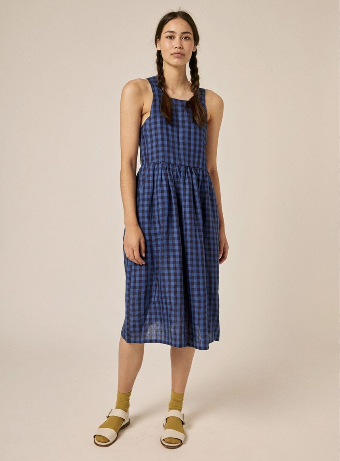 Jessie Pinafore Dress in Indigo Check Sideline Designer YBD Finds