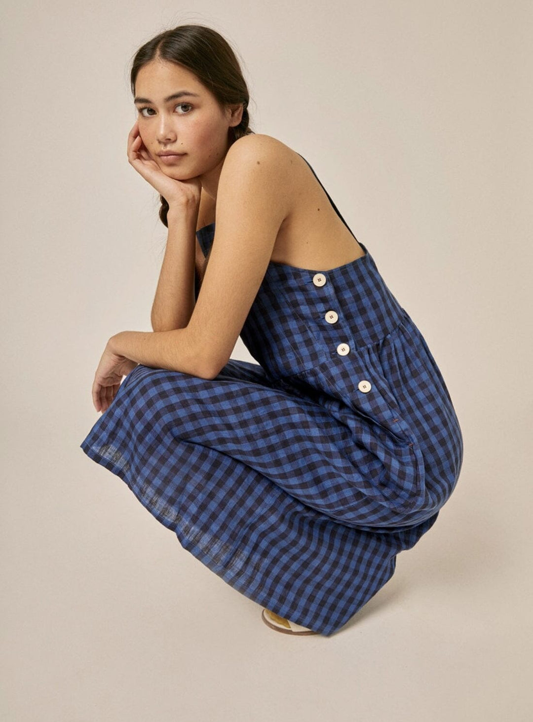 Jessie Pinafore Dress in Indigo Check Dresses YBDFinds 