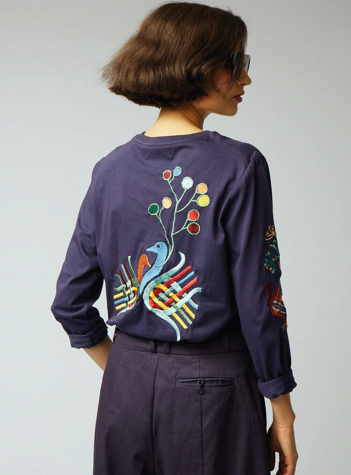 Long Sleeve Luxe T-Shirt in Navy Embroidered Tops YBDFinds 