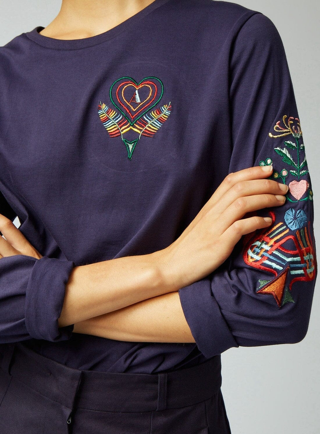 Long Sleeve Luxe T-Shirt in Navy Embroidered Tops YBDFinds 