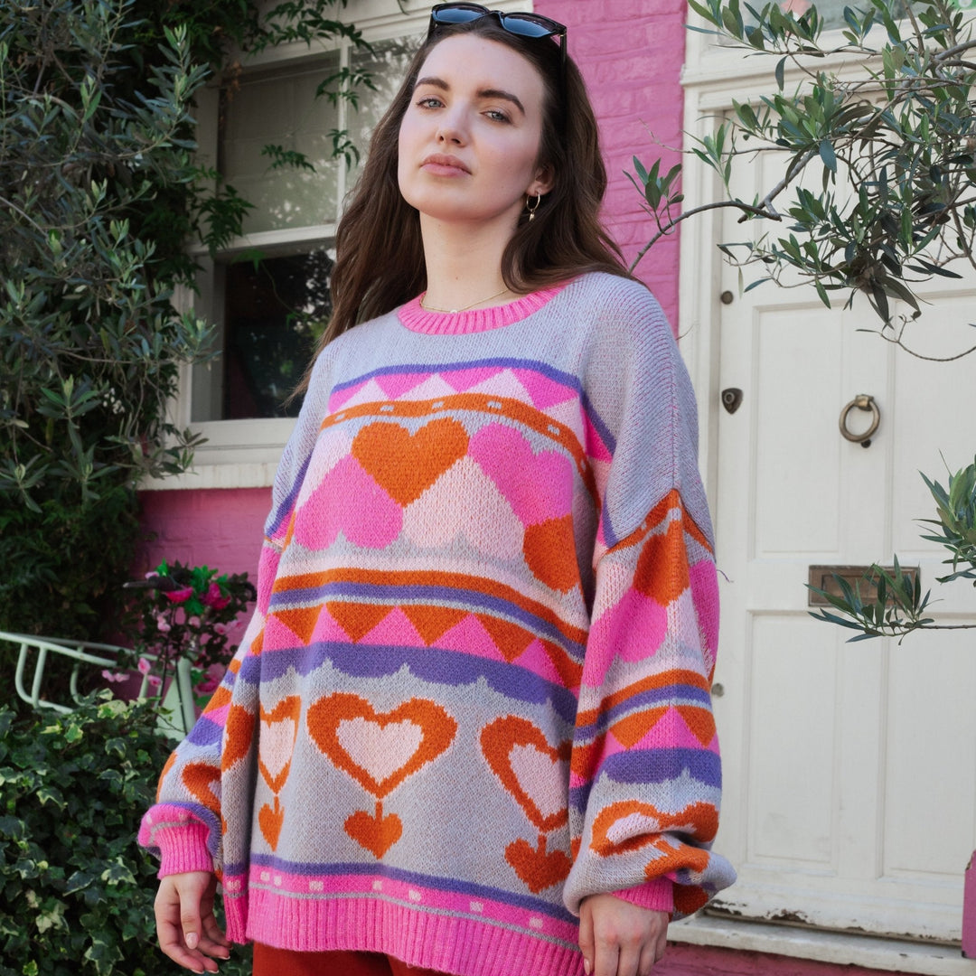 Poppy Heart Intarsia Balloon Sleeve Oversized Jumper - Blue - Cara & The Sky