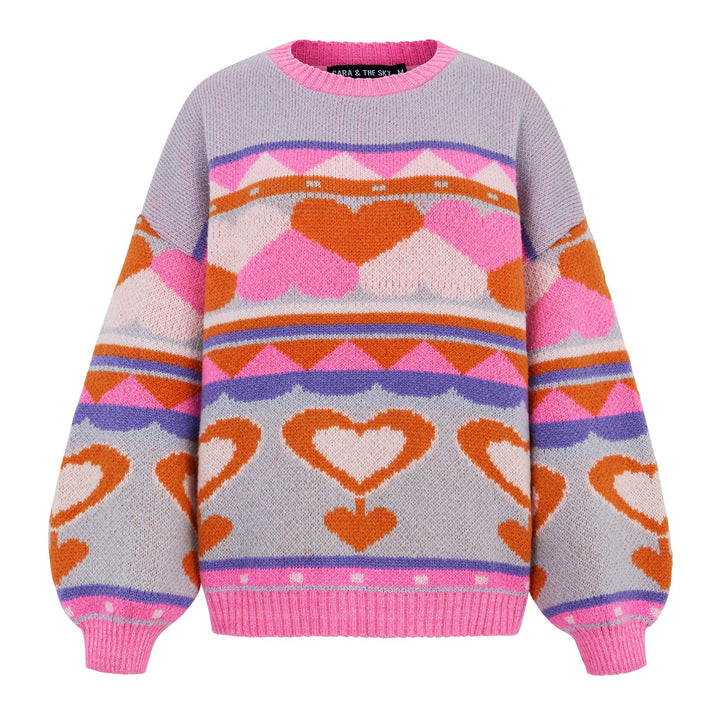 Poppy Heart Intarsia Balloon Sleeve Oversized Jumper - Blue - Cara & The Sky