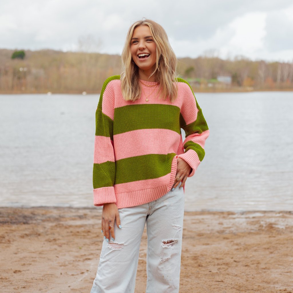 Rhiannon Recycled Cotton Mix Chunky Stripe Jumper - Pink and Green - Cara & The Sky