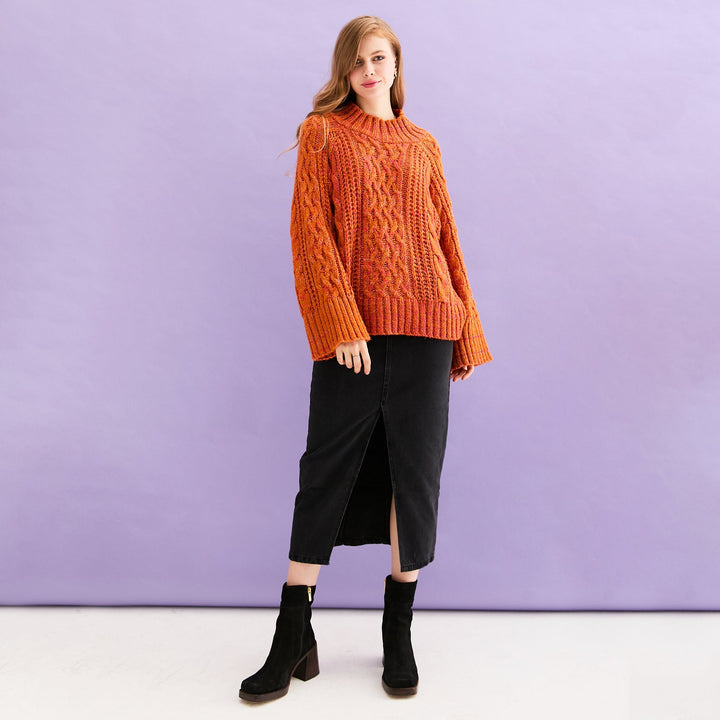 Sarah Cable Wide Sleeve Knit High Neck Jumper - Orange - Cara & The Sky