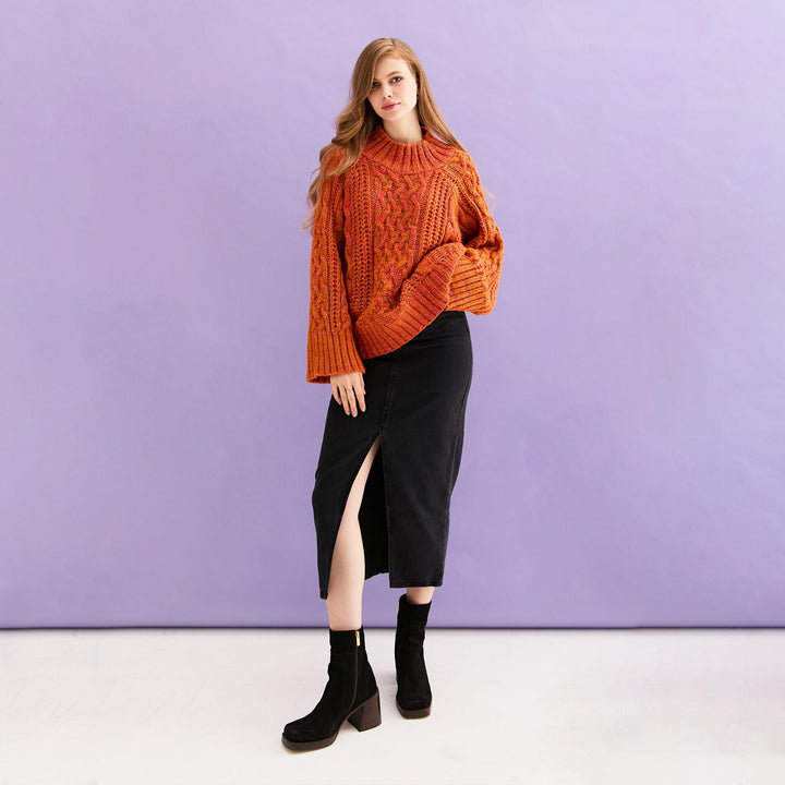 Sarah Cable Wide Sleeve Knit High Neck Jumper - Orange - Cara & The Sky