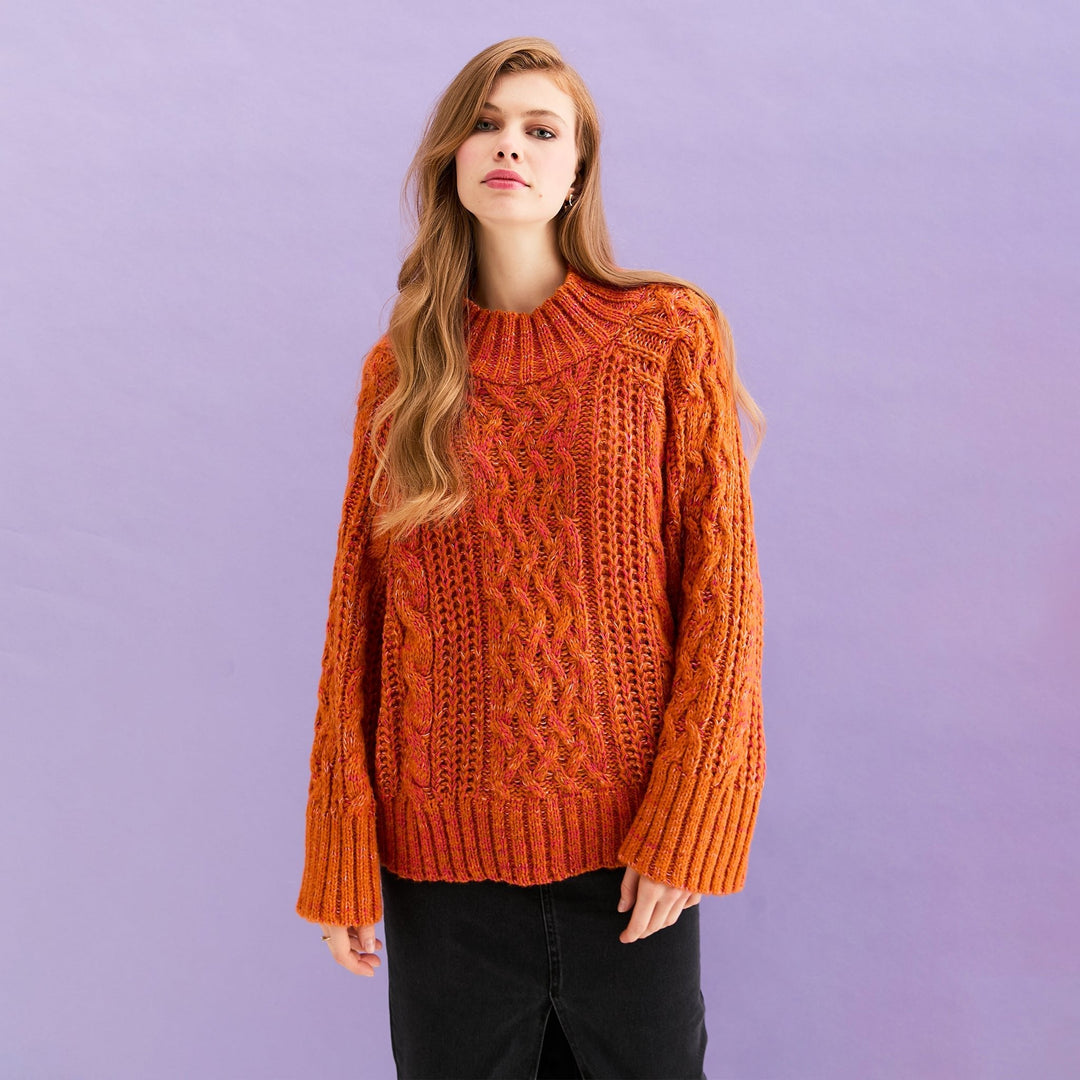 Sarah Cable Wide Sleeve Knit High Neck Jumper - Orange - Cara & The Sky