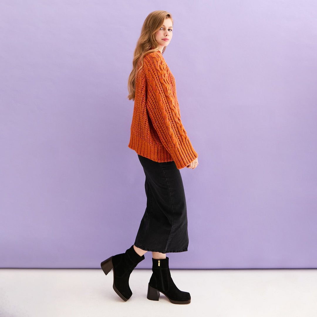 Sarah Cable Wide Sleeve Knit High Neck Jumper - Orange - Cara & The Sky