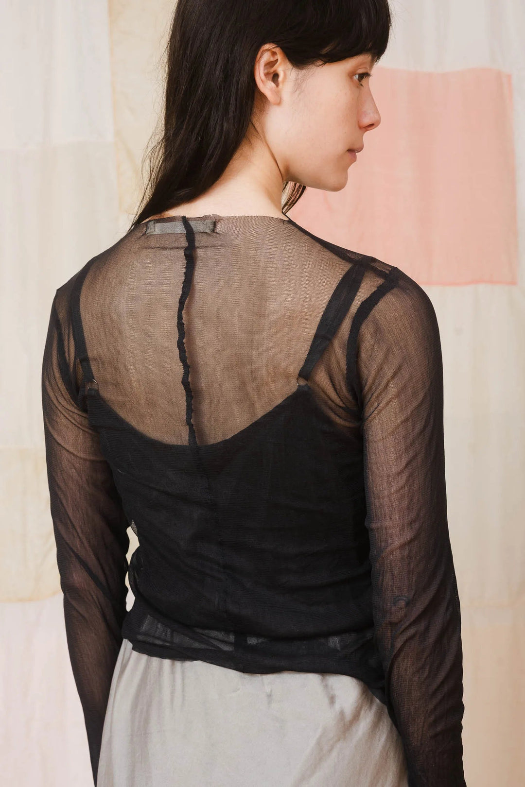 Slash Neck Long Sleeve Silk Tulle Tops Sula 