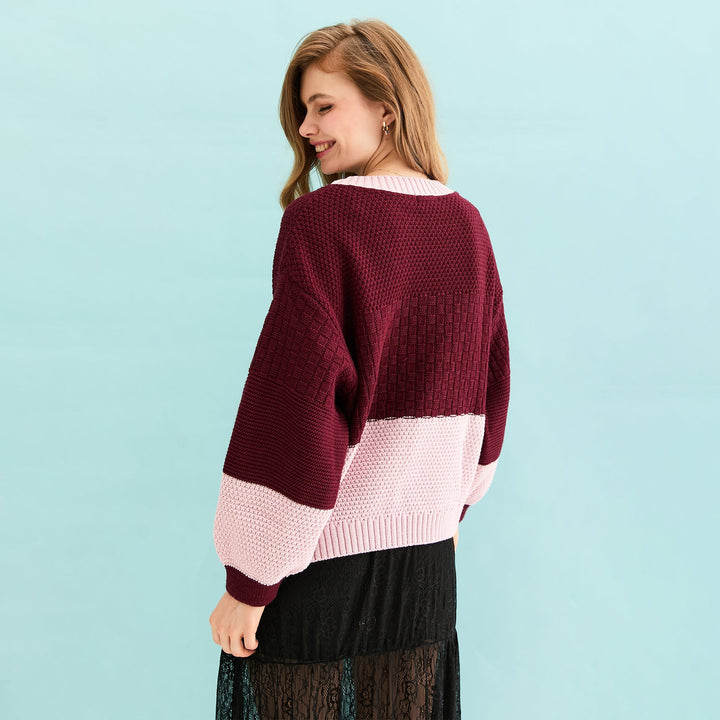 Taz Recycled Cotton Mix Two Tone Jumper - Burgundy - Cara & The Sky